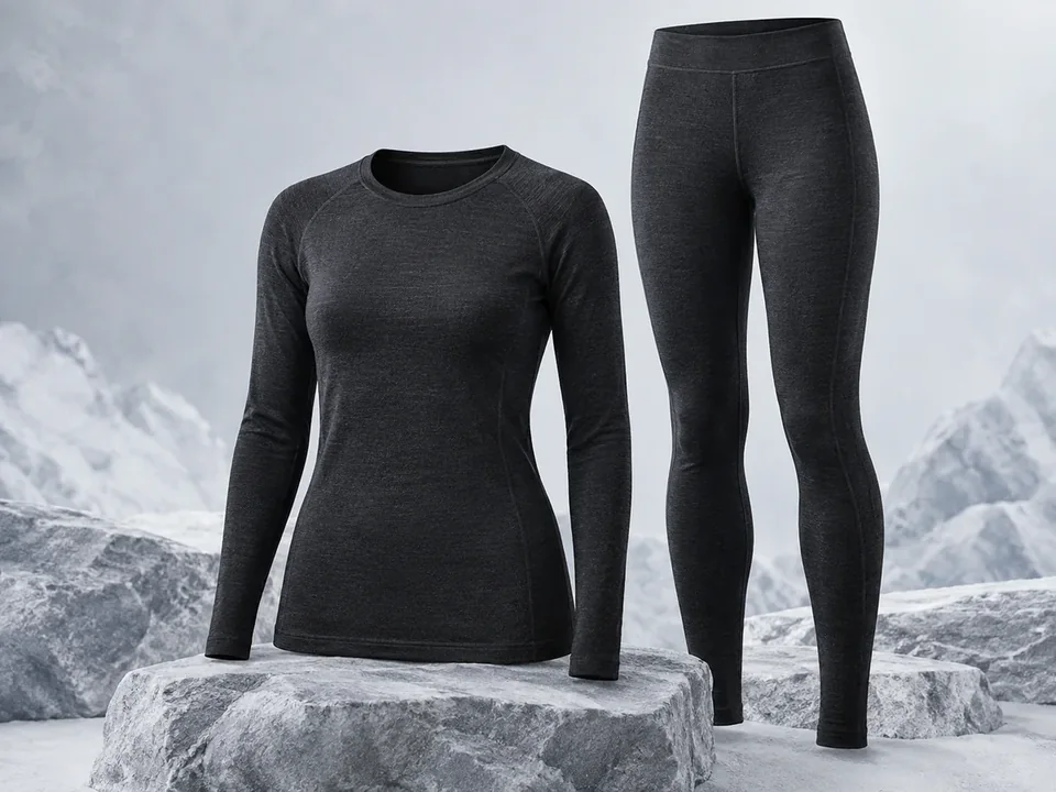 Base layer thermal top and leggings displayed in a glacier-inspired product image.