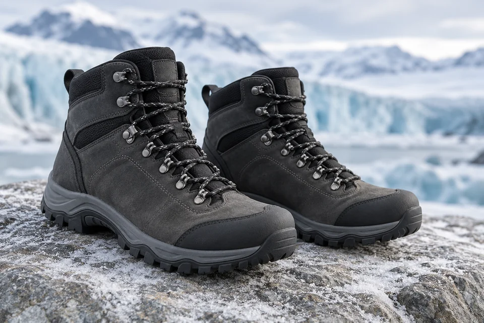 Pair of dark hiking boots with ankle support, laces and treaded soles.