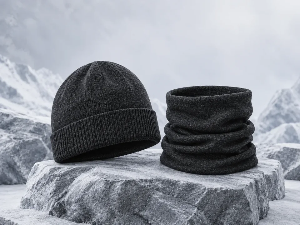 Charcoal knit beanie and a matching neck warmer.