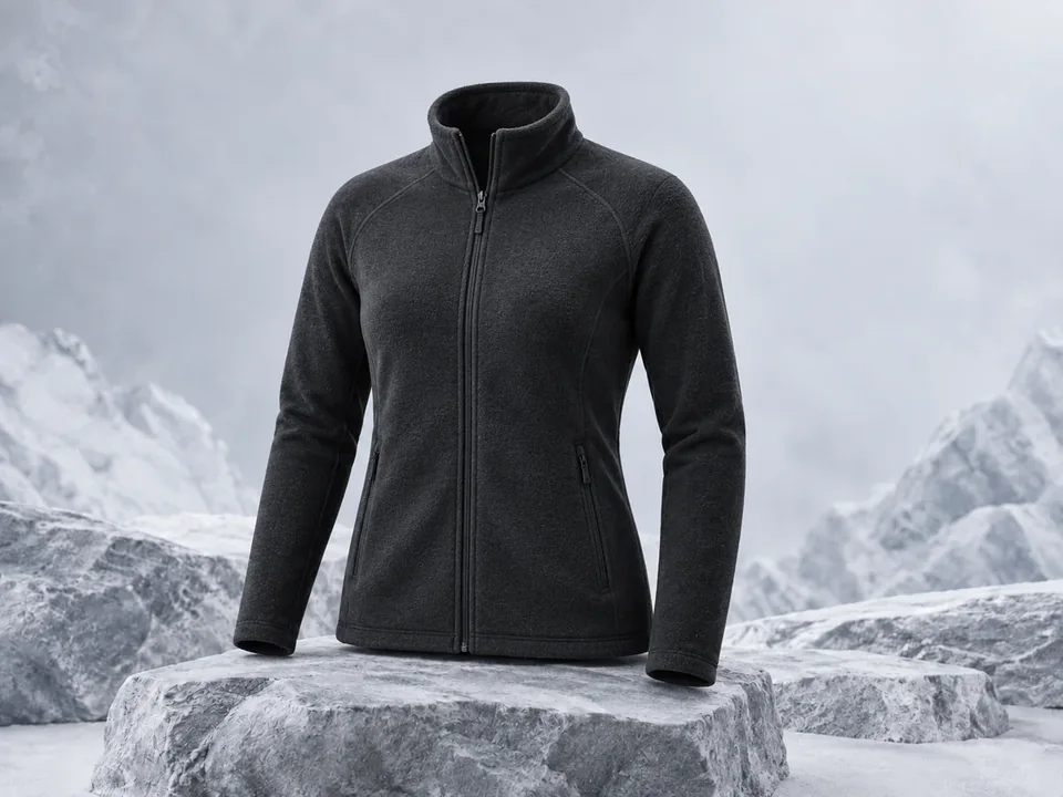 Mid-layer fleece jacket displayed in a glacier-inspired product image.
