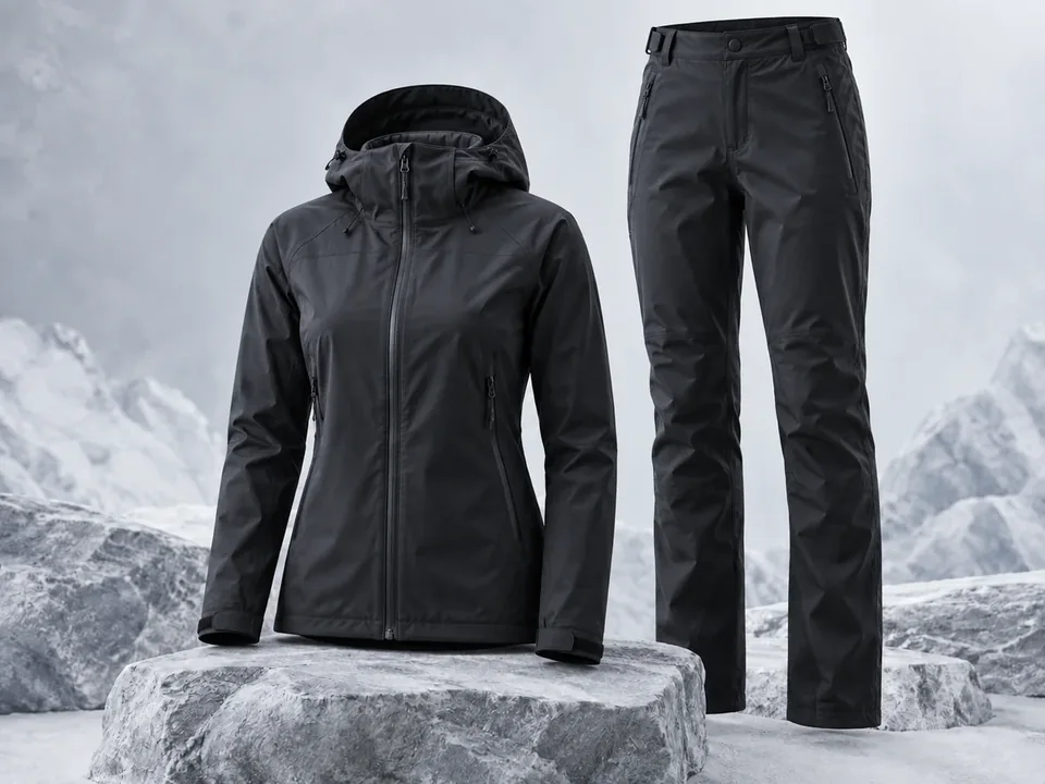 Waterproof outer jacket and trousers displayed in a glacier-inspired product image.