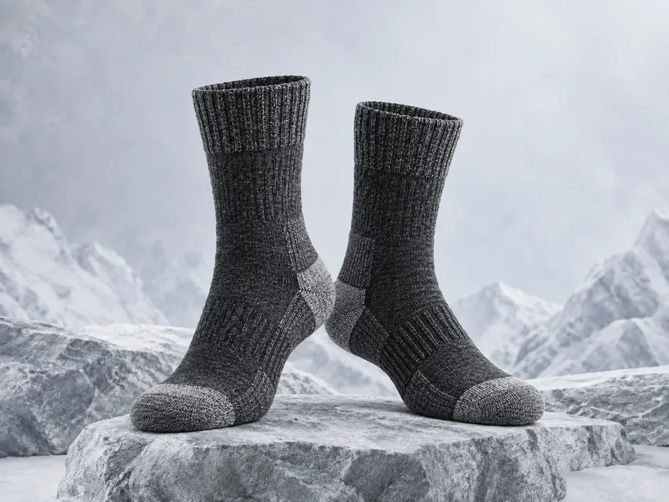 Warm hiking socks displayed in a glacier-inspired product image.